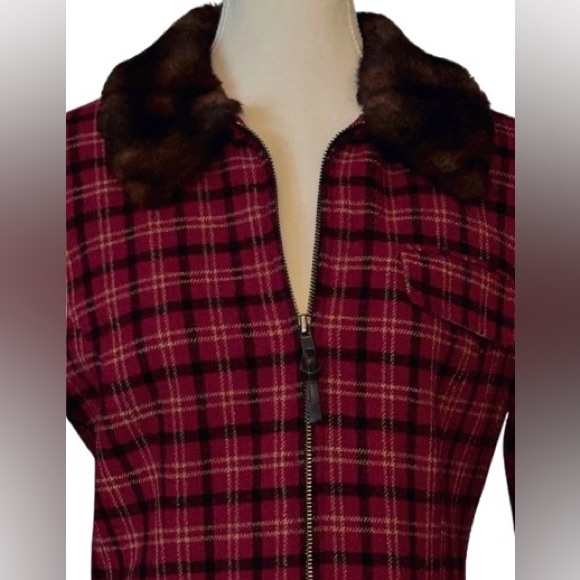 Vintage Wool Ralph Lauren Plaid Jacket Faux Fur Collar Red Sz 6 Small Blazer - Picture 5 of 12